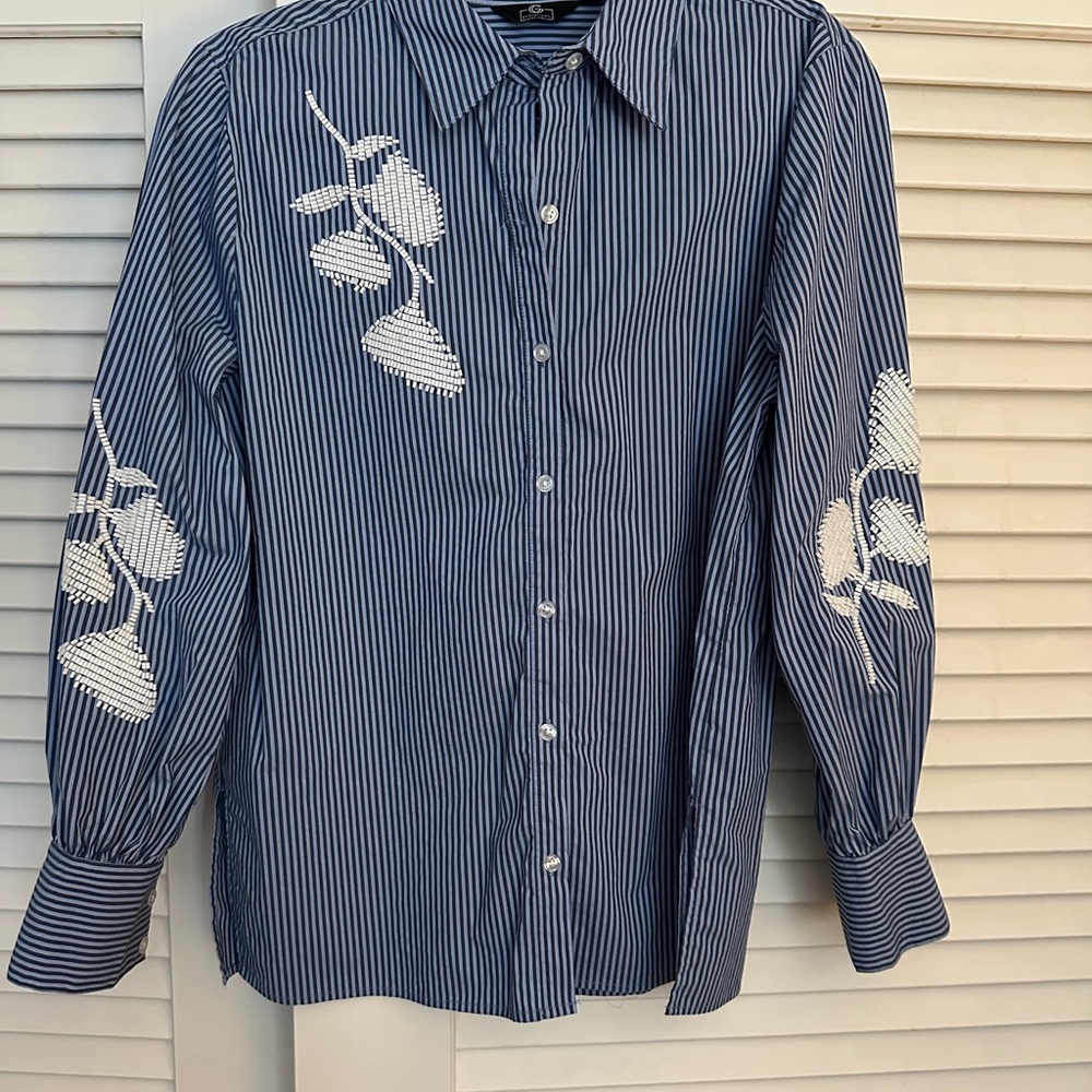 Navy and Light Blue Striped Blouse Tunic Length. Classic Style S